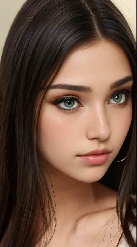 Beautiful 18 year old black haired girl with green eyes and long hair close up on face 