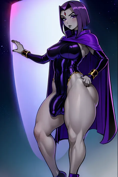 (solo:1.1),(masterpiece), (best quality:1.3), ultra detailed, intricate, professional art, digital art, absurdres, shadraven, (Full body view:1.1), 1girl, solo, (grey skin:1.4), dark purple hair, bob hair, purple eyes, hips wider than shoulders, pear shape...