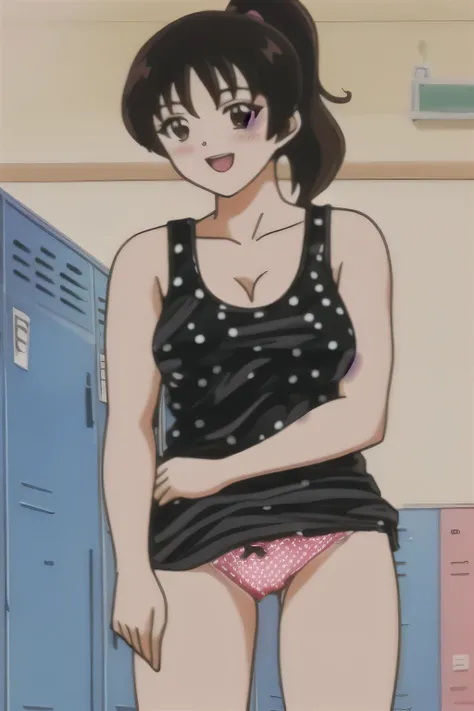 tomoko,ponytail_hair, pupil_Brown,blush, smile,Open_mouth,Embarrassing,locker room,(((Black lace underwear))),(((Polka dots_Tank top))),(((No bra))),Michiko_Change clothes,