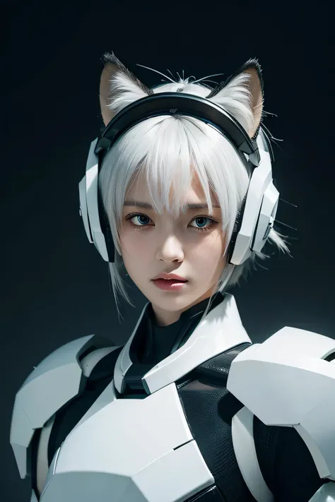 White and black mech, Confrontation, The mecha is behind the character, Two female characters, short hair, ponytail, halo, head wreath, White mecha is a dark character, The black mecha is a righteous character, empty eyes, mismatched pupils, cat ears, fox ...