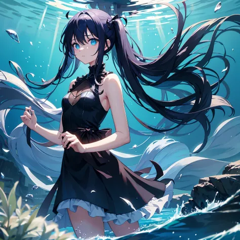 Alone anime girl , My hair is very long, tied on both sides. , Dark blue hair , Cyan glowing eyes , Stay in a luxury underwater house , The house has a glass roof so you can see the water above. , light falls , Dip your feet in the water. , There are coral...