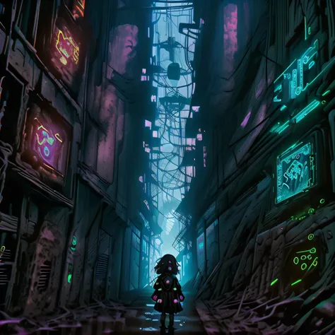 a girl wanders through strange ruins of buildings and glowing technology