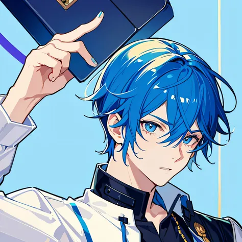 A boy male high school student with blue hair, short hair, blue eyes, sweating, speaking shocked