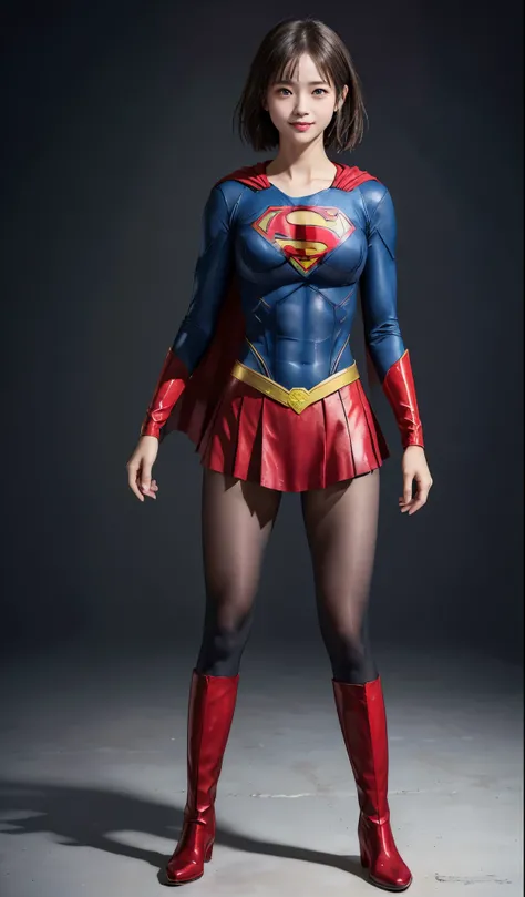 No background、(((Beautiful legs in black tights.)))、(((Legally express the beauty of your smile)))、((((Make the most of your original images)))、(((Supergirl Costume)))、(((beautiful short bob hair)))、(((suffering)))、(((Please wear black tights....、Wear red ...