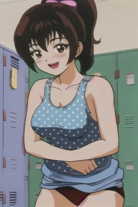 tomoko,ponytail_hair, pupil_Brown,blush, smile,Open_mouth,Embarrassing,locker room,(((Black lace underwear))),(((Polka dots_Tank top))),(((No bra))),Michiko_Change clothes,