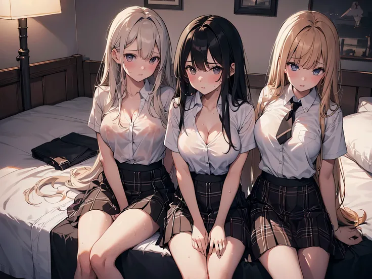 (NSFW), (girls sex appealing), (((four girls))), (((girls group))), (((Group illustration))), (((Group shot))), (((simple composition illustration))), (((Highschool uniforms))), (((white shirt))), (see-through), (short sleeves), (waist skirt), (Black plaid...