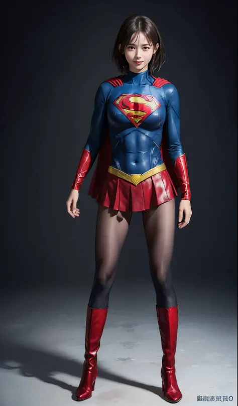 No background、(((Beautiful legs in black tights.)))、(((Legally express the beauty of your smile)))、((((Make the most of your original images)))、(((Supergirl Costume)))、(((beautiful short bob hair)))、(((suffering)))、(((Please wear black tights....、Wear red ...