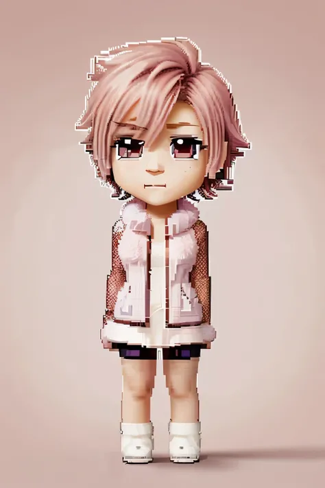 pixelated chibi boy with wine-colored short hair, dressed in a fluffy pink fur shirt. cartoon style, pixel art, cute, front view, character design, isolated on transparent background, high resolution, vibrant colors, anime aesthetic.