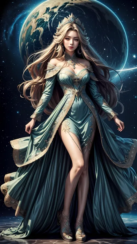 ((Best quality)), ((masterpiece)), (detailed:1.4), 3D, portrait full body an image of a beautiful wind goddes with long hair, cosmic sky, bioluminescene dress