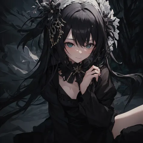 Create an image of an anime girl with black hair and her outfit is both innocent and sexy, without being revealing. The dress should be simple and hot, but maintain a sense of elegance and modesty. She should appear as an innocent and kind human being, wit...