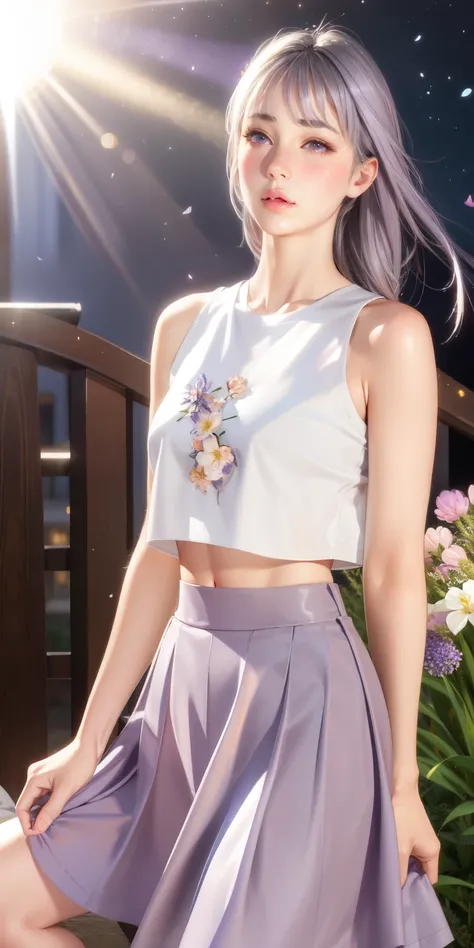 Realistic, One girl, Gray Hair, Purple eyes, Shining Eyes, Crop top, skirt, Lips parted, blush, night, Flowers, sun, sunlight,