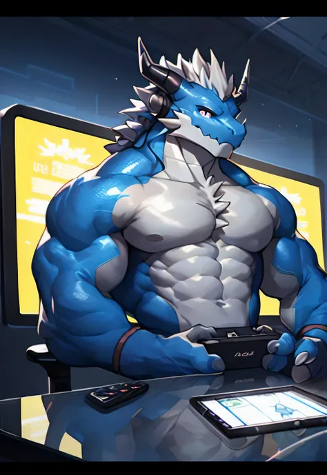 dragon,Anthropomorphic male dragon, Highlight the dragon angle,Highlight his muscular body and sharp claws, Showing the outline of the chest, abdomen, Stretch and Elegance, Delicate lace pattern glitters in the light. Keep your eyes on the screen，Play game...