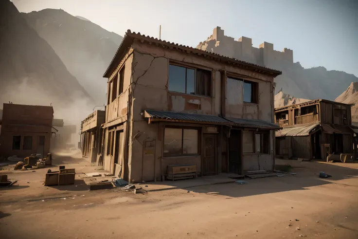 Post-apocalyptic wilderness，Desert town，There are many abandoned buildings in it, Dusty environment, Dusty Unreal Engine, Octane Highly Detailed Movie, mining outpost, Rendering in cryengine, fallout environment, Realistic Unreal Engine 3D game, foggy ghos...