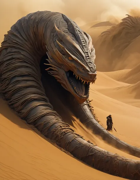 dune movie aesthetics, dune movie sty.e,future warrior stands on a giantsandworm and rides through a violent sandstorm, epic sce...