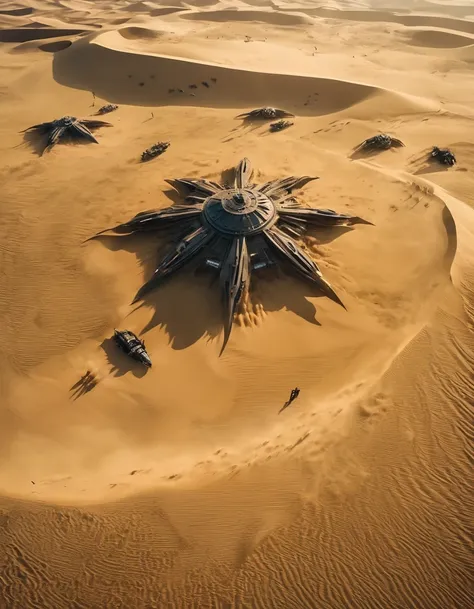 aerial photography，dune movie aesthetics, dune movie style, aerial view, two armies fighting,epic scene, epic composition, descr...