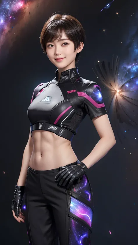 214 Short Hair, 20-year-old woman, A kind smile, Floral, Futuristic clothing, machinery suit, ((Clothes that show abs、Clothes with short sleeves)), (The background is a galaxy and nebula)