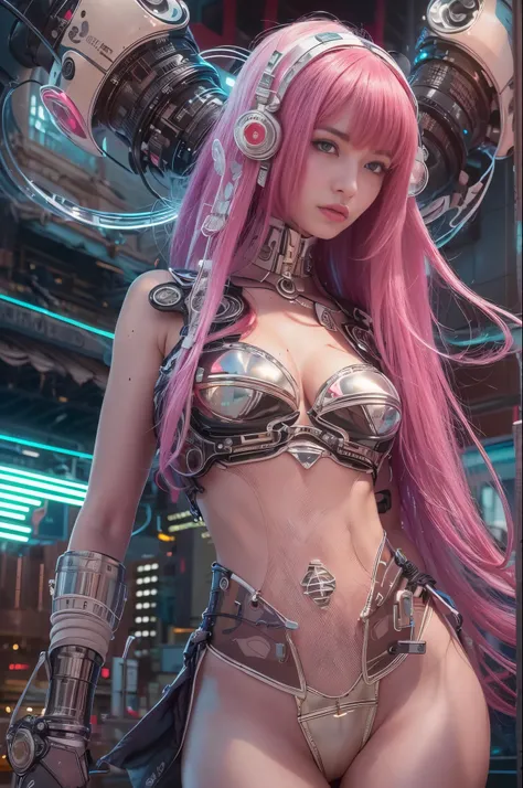 Top Quality, Masterpiece, Ultra High Resolution, ((Photorealistic: 1.4), Raw Photo, 1 Girl, very long pink Hair, Glossy Skin, 1 Mechanical Girl, (Ultra Realistic Details, accentuated super huge enormously gigantic tits with cleavage showing, sexy seductive...