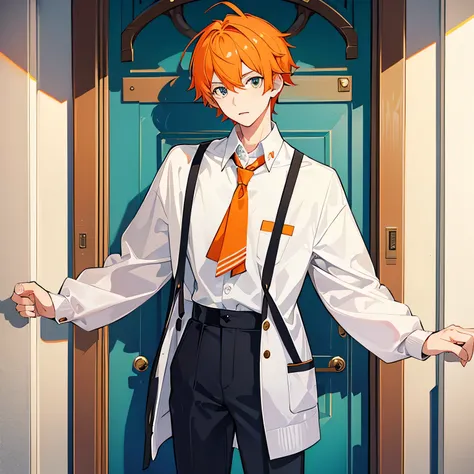 A 17-year-old boy with extremely short orange hair and a preppy style resists the door