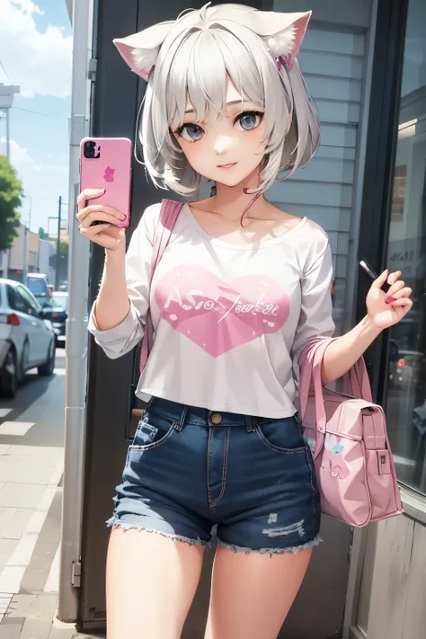 anime girl with grey hair and pink bag taking a selfie, anime girl in real life, realistic anime 3 d style, an anime girl, anime...