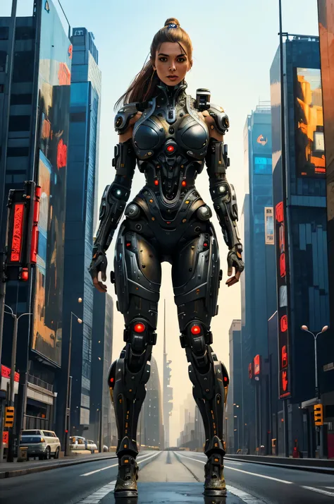 ((best quality)), ((masterpiece)), (detailed), beautiful female cyborg in post-apocalyptic world, standing tall from head to toe...