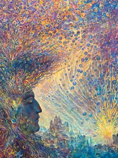 A man, close up, Amanda Sage style, yvonne coomber style, art by Kilian Eng, psychedelic, mysterious atmosphere, with bubble universes emanating from him