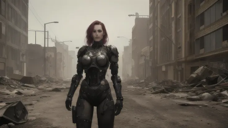 ((best quality)), ((masterpiece)), (detailed), ((perfect face, elden ring style, postapocalypse, analog style, knollingcase, swpunk, synthwave, cyborgdiffusion)), beautiful female cyborg in post-apocalyptic world, standing tall from head to toe in the ruin...