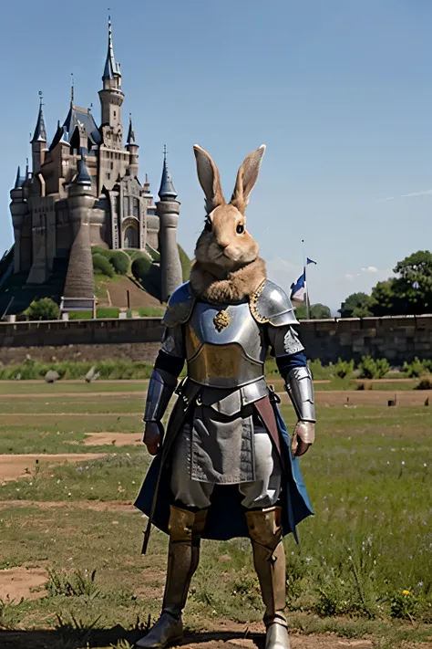 a rabbit wearing a medieval armor in a battlefield, there is a castle in the background