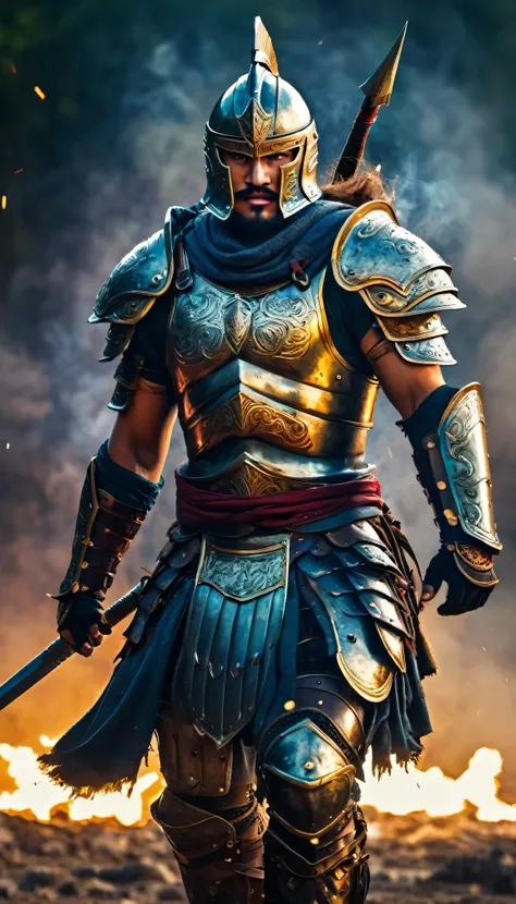 (detailed warrior:1.1),powerful and fierce,brave and determined,strong and muscular,weapon in hand,warrior in armor,ready for battle,with a fierce expression,warrior in the spotlight,highly detailed armor shining in the light,foreground warrior dominating ...