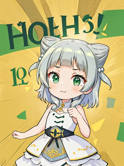 highest quality,  green eyes, grey hair, hair ornament, blunt bangs, double bun, animal ears,flat chest,chibi