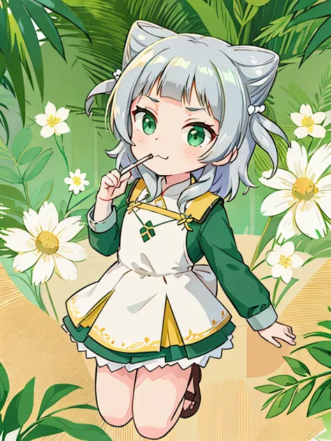 highest quality,  green eyes, grey hair, hair ornament, blunt bangs, double bun, animal ears,flat chest,chibi