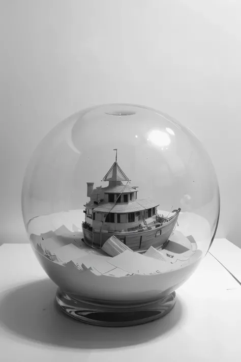 With crystal ball，paper boat，Fish tank as design element，Mainly based on realistic approach，Creative ideas as a supplement，The image is in black and white，Drawing style: sketch，Sketching