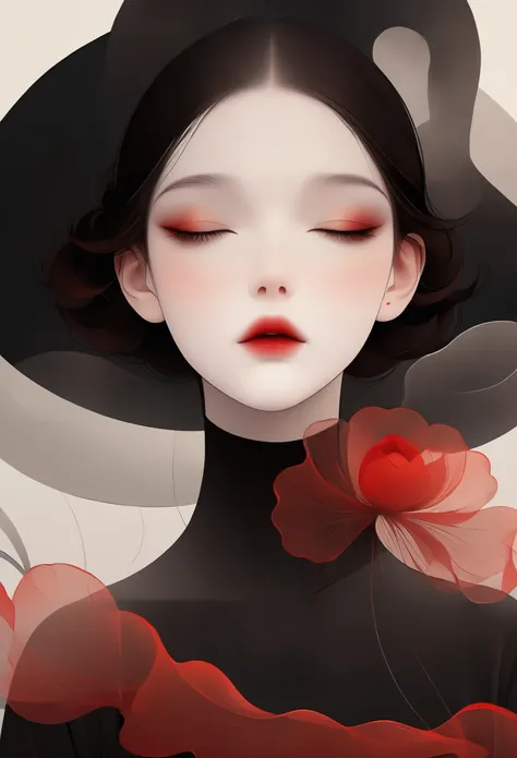 (masterpiece, best quality:1.2), 1 girl, alone,beautiful face,red lips,Minimalist Art Nouveau,illustration style,black and red