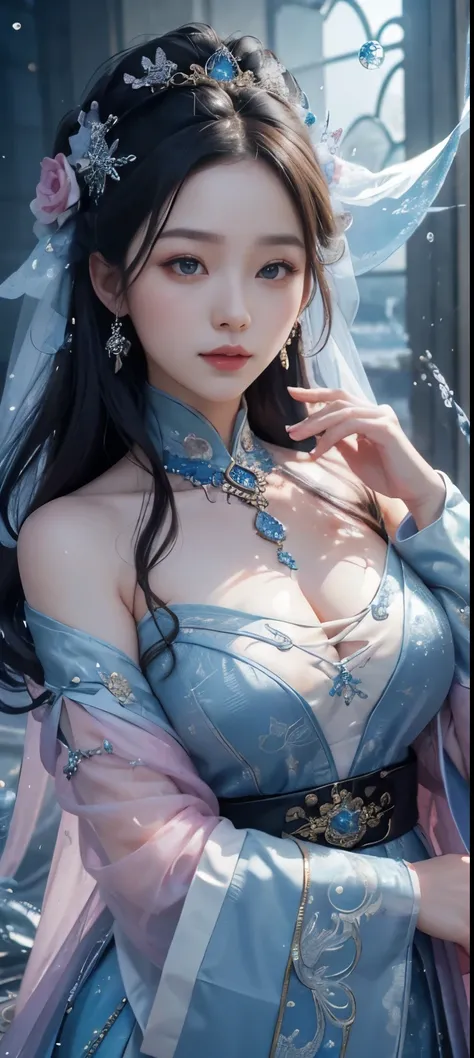 1 girl Girls masterpiece, high cold Korean makeup, Seductive Korean faces，temperament，smiled，The perfect combination of water and dragon,Snowflakes，lightning , The dragon, and various intricate embellishments，There are luxurious accessories and gorgeous an...