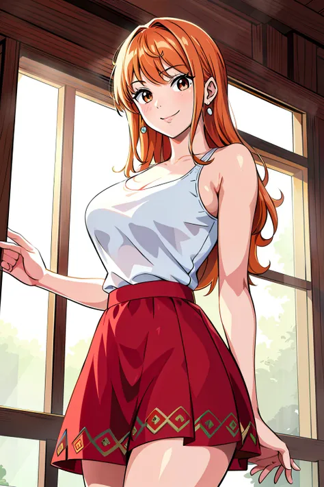 masterpiece, ((ultra detailed background, delicate pattern, intricate detail)), (highly detailed, fine details), best quality, beautiful lighting, ((medium breasts, slim girl)), NamiFinal, ((white tank top, red skirt)), 1girl, orange hair, solo, long hair,...