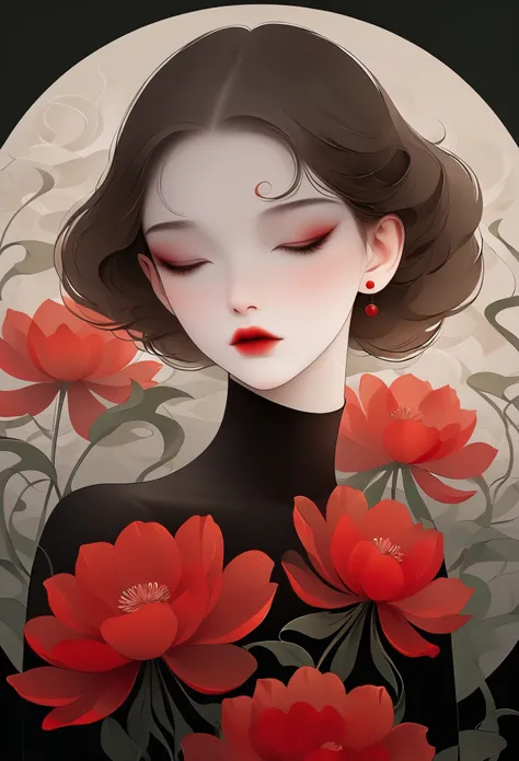 (masterpiece, best quality:1.2), 1 girl, alone,beautiful face,red lips,Minimalist Art Nouveau,illustration style,black and red,flowers