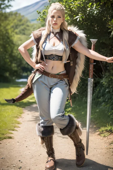 A beautiful Norwegian 24 years old girl, (Lagertha from vikings series:1.3), standing in front of a Forjd, sunny day, long wavy blonde hair shaved on the sides, hyper realistic eyes light grey-blue, slender body, medium size breasts, (full body shot, weari...