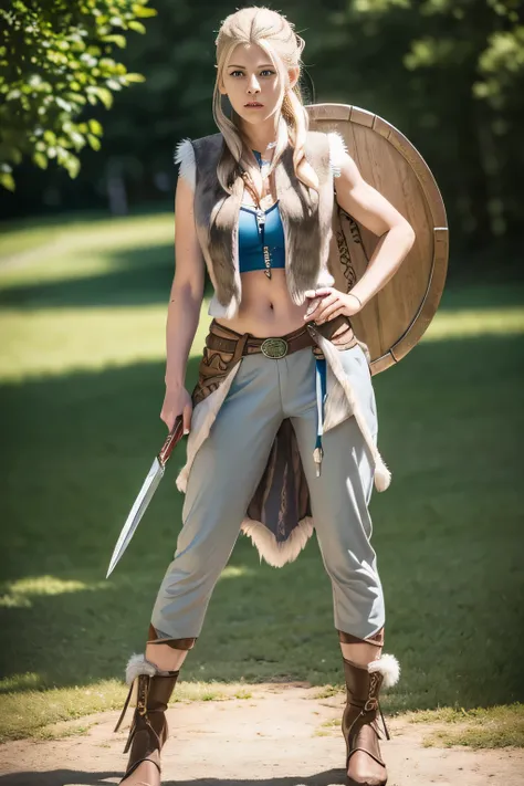 A beautiful Norwegian 24 years old girl, (Lagertha from vikings series:1.3), standing in front of a Forjd, sunny day, long wavy blonde hair shaved on the sides, hyper realistic eyes light grey-blue, slender body, medium size breasts, (full body shot, weari...