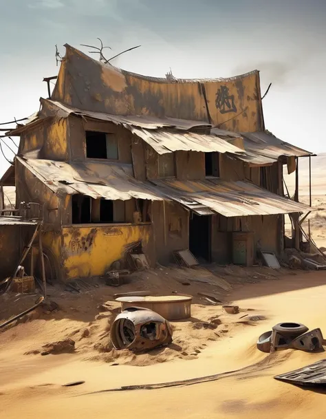 Apocalyptic Wasteland,Post-apocalyptic wasteland,It's the scorching sun and strong wind,Yellow sand rolling,The broken eaves and broken walls are everywhere, and the scene is desolate.。In a post-apocalyptic environment,Regardless of appearance or pract...