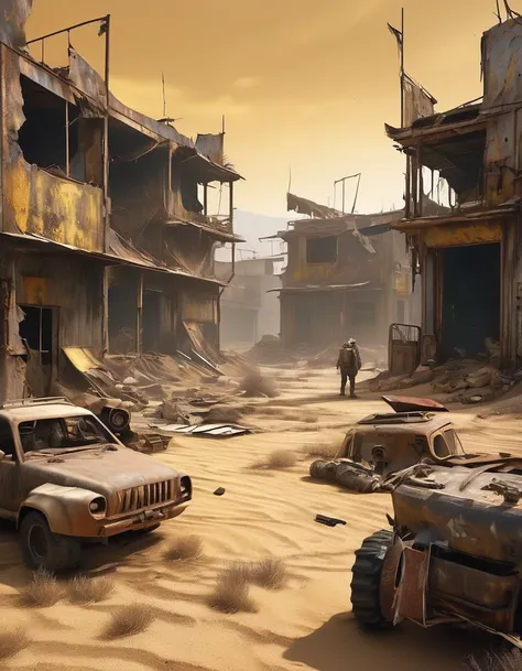 Apocalyptic Wasteland,Post-apocalyptic wasteland,It's the scorching sun and strong wind,Yellow sand rolling,The broken eaves and broken walls are everywhere, and the scene is desolate.。In a post-apocalyptic environment,Regardless of appearance or pract...