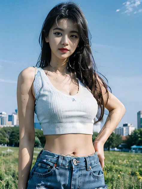 beautiful skyline, large meadow, the girl wore a ripped white crop top. and district blue denim shorts, perfect body: 1.4, slim ...