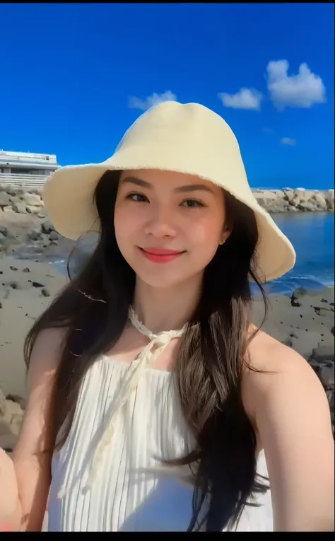 arafed woman in a hat taking a selfie on the beach, with straw hat, she expressing joy, queen of the sea mu yanling, wearing huge straw hat, she is smiling and excited, wave a hand at the camera, wearing a travel hat, wearing a cute hat, on the ocean water...