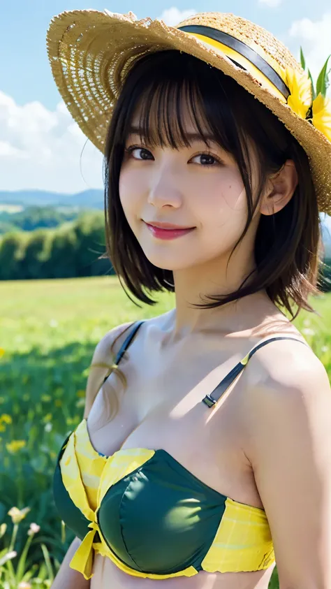 (highest quality,masterpiece:1.3,Ultra-high resolution),(Very detailed,Caustics,8k),(Realistic:1.4,RAW shooting),18-year-old,cute、Small breasts:1.5,Japanese,Straw hat:1.4,Black hair medium hair,(yellow strapless bra:1.6),(smile),Looking at the camera,blue ...