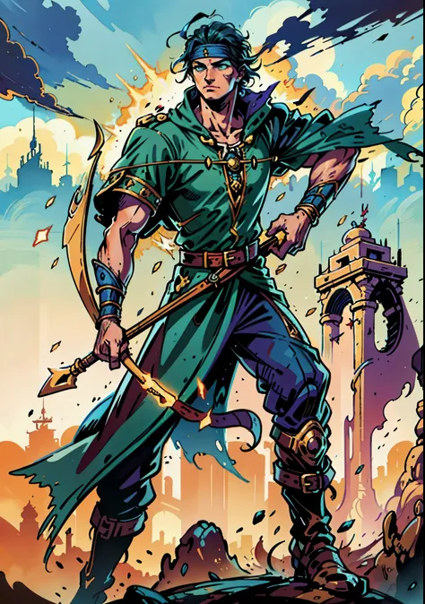 A young man with messy sky-blue short hair, a headband tied around his forehead, handsome face, calm expression, a fantasy-style short-sleeved robe coat with a unique half-side design, a green undershirt underneath, an archers wrist guard, a cloth belt, co...