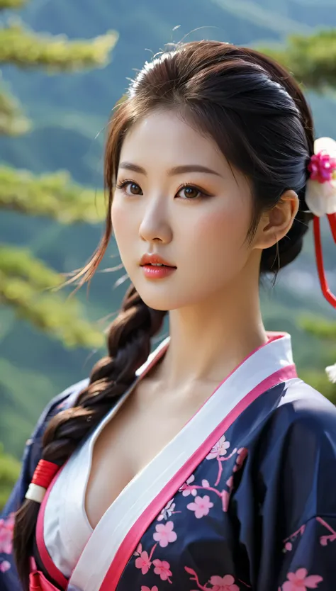 close-up of beautiful korean female, 34 inch breasts size, wearing kunoichi costume, on the top of mountain , bokeh background, UHD