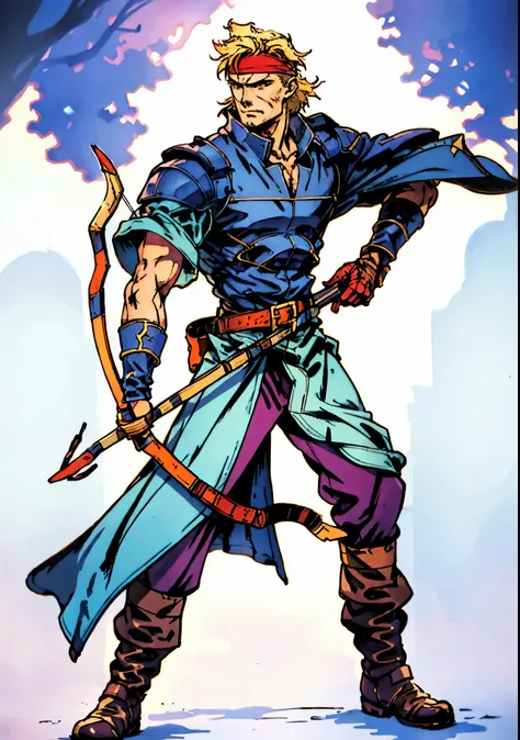 A young man with messy sky-blue short hair, a headband tied around his forehead, handsome face, calm expression, a fantasy-style short-sleeved robe coat with a unique half-side design, a green undershirt underneath, an archers wrist guard, a cloth belt, co...