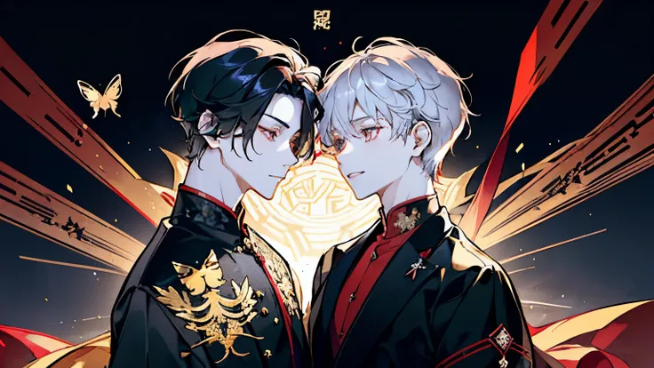 ((Two boys around 16 years old)),(Red, white and black costume reminiscent of ancient Chinese priests),((A golden butterfly that shines like crystal々)),Long black hair,Hair tied to one side,smile,A fantastic atmosphere,(Starlight Background),((They are sta...