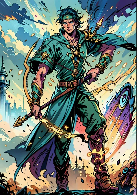 A young man with messy sky-blue short hair, a headband tied around his forehead, handsome face, calm expression, a fantasy-style short-sleeved robe coat with a unique half-side design, a green undershirt underneath, an archers wrist guard, a cloth belt, co...