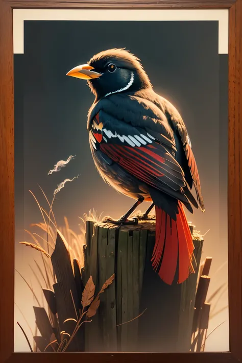 Create an image of a photo quality wildlife photograph of a redwing blackbird perched on a reed. Show two or three musical notes emitting from its beak in the form of cold breath vapor. The notes should look ghostly and smokey.