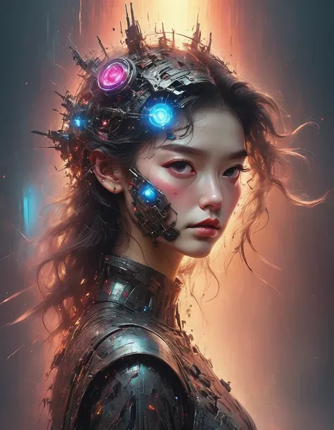 The Ruins Rose heroine who is very beautiful and powerful in the doomsday world），cool, Asian girl, mechanical, glass face masktraversing light, delicate skin texture, determinedgaze, sunset background, colorful light, multiplecolors, mid-shot, profile view...