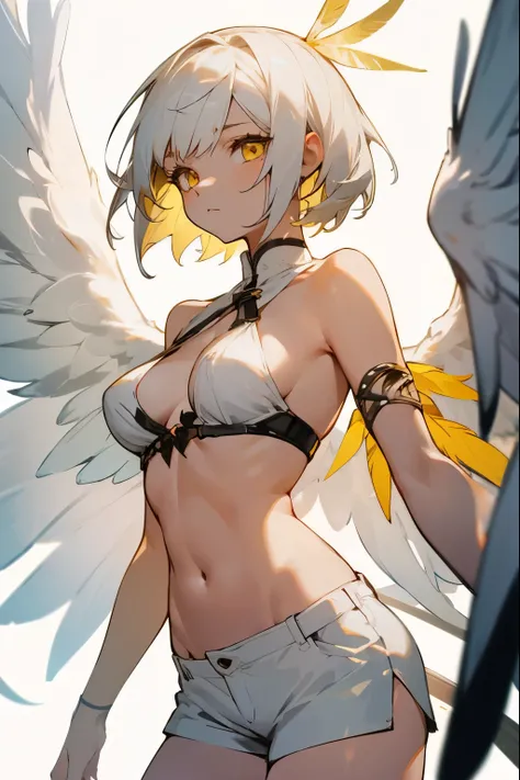 Girl, wings, short white hair, yellow eyes, medium-sized breasts, white bra, exposed stomach, white shorts, wearing feather skin